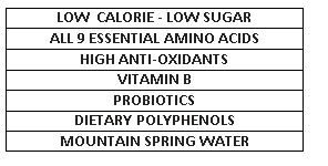 Text Box: LOW  CALORIE - LOW SUGAR
ALL 9 ESSENTIAL AMINO ACIDS
HIGH ANTI-OXIDANTS
VITAMIN B
PROBIOTICS
DIETARY POLYPHENOLS
MOUNTAIN SPRING WATER

